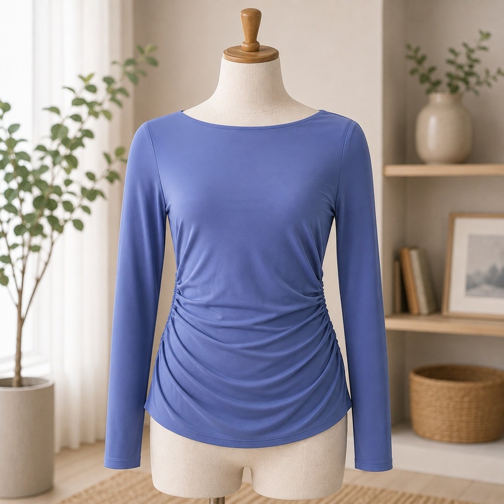 Dennis by Dennis Basso Top Womens 1X Blue Long Sleeve Side Ruched Boat Neck